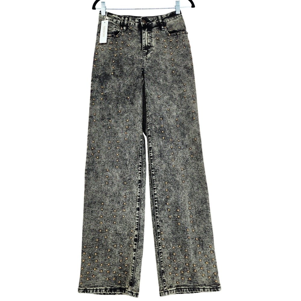 Mebon by Machine Studded Jeans 3 Jr Women Black Acid Wash Wide Leg High Rise NEW